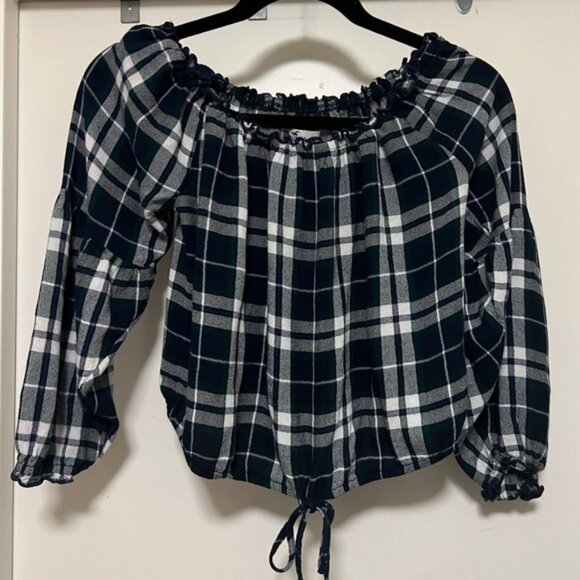Hollister cropped long sleeve navy/green/white plaid top - size S - Picture 1 of 5